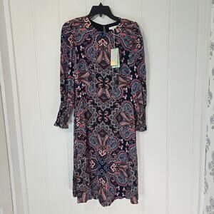 Boden NWT Dress Size 6P Long Sleeve Smocked Cuff Paisley Print Navy Blue